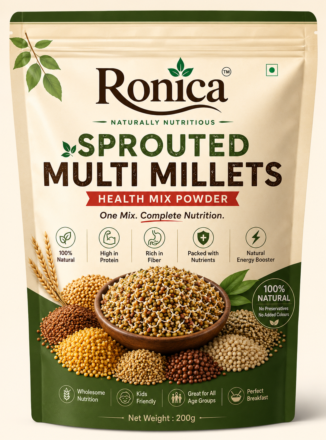 Sprouted Millet Health Mix Powder, Natural Multigrain Nutrition Drink Mix, No Preservatives, 200g
